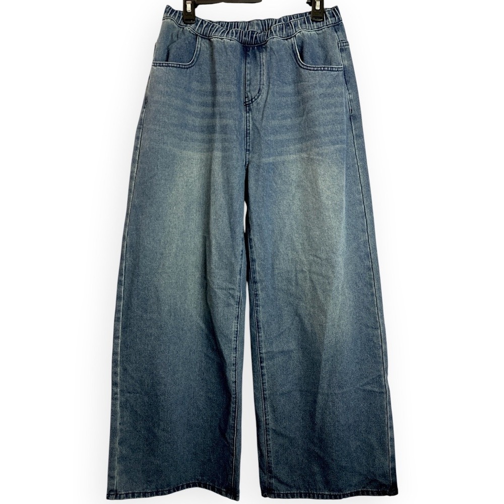 Emmiol Womens Wide Leg Baggy Jeans Medium Wash Elastic Waist Pull On Large - Picture 4 of 9